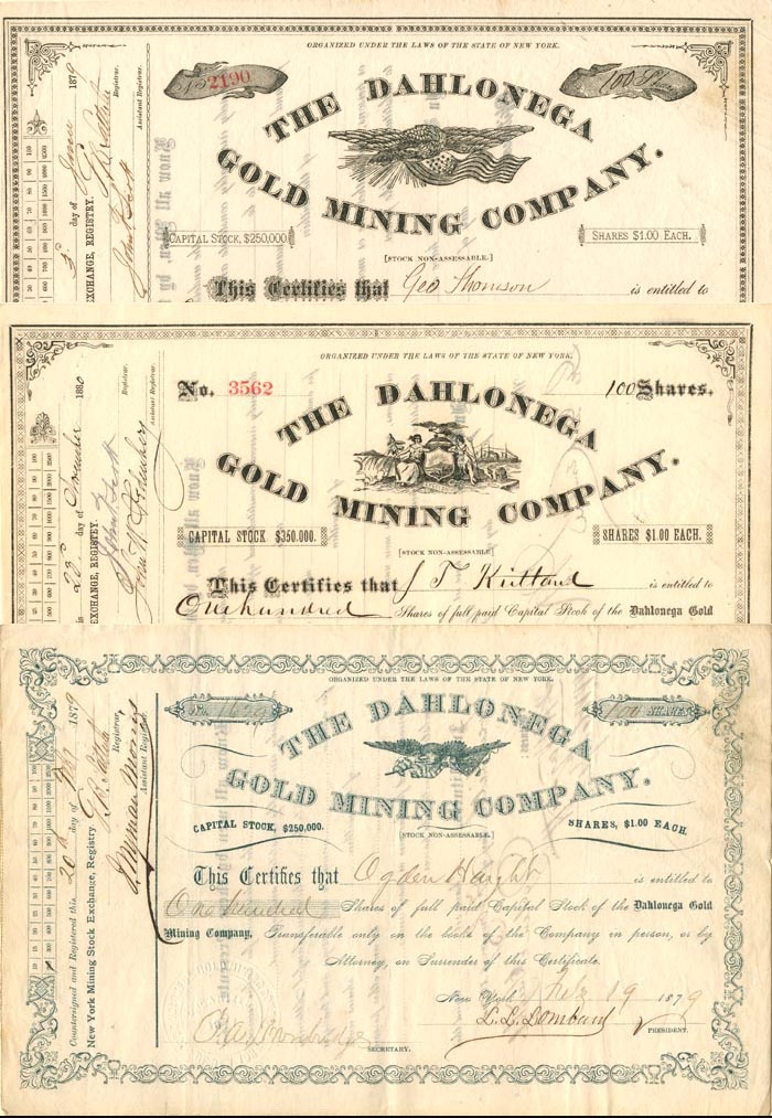 Set of Three Dahlonega Gold Mining Co. - Stock Certificates - Group of 3 Georgia Gold Mining Stocks